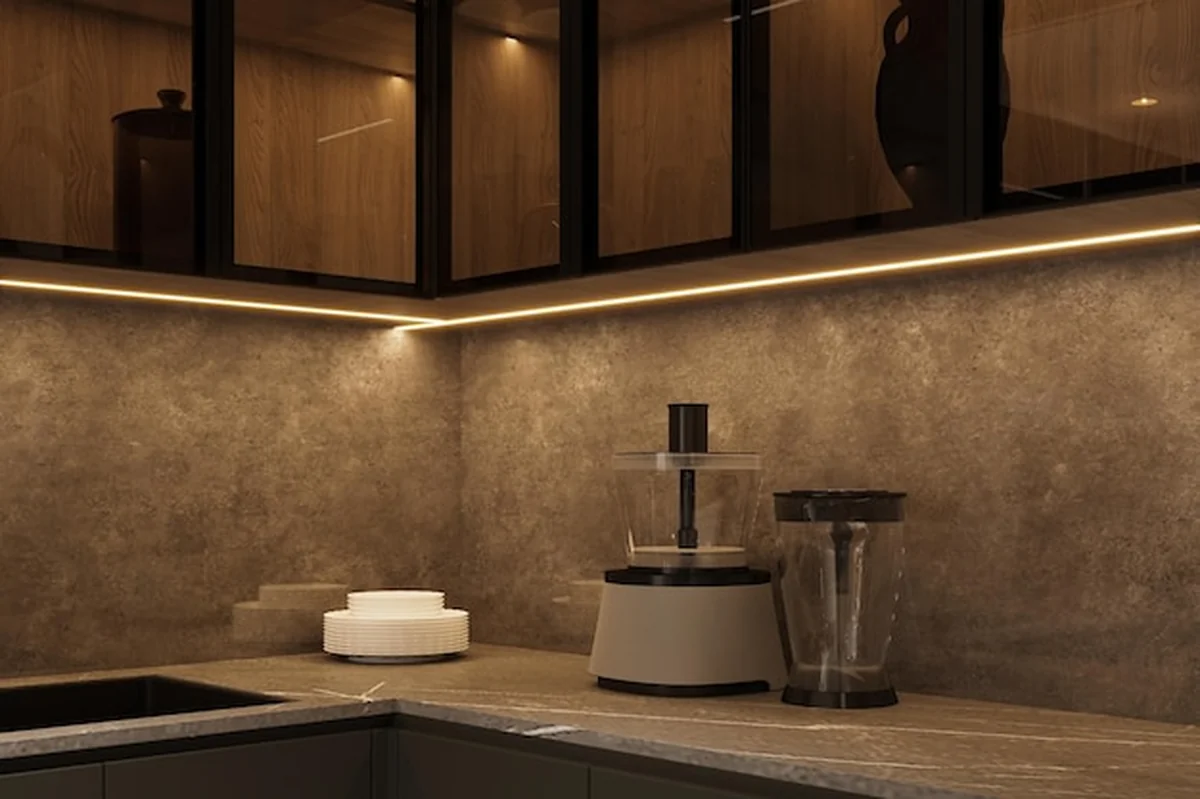 Nowoczesne meble kuchenne z zmywarką, kawownią i naczyniami