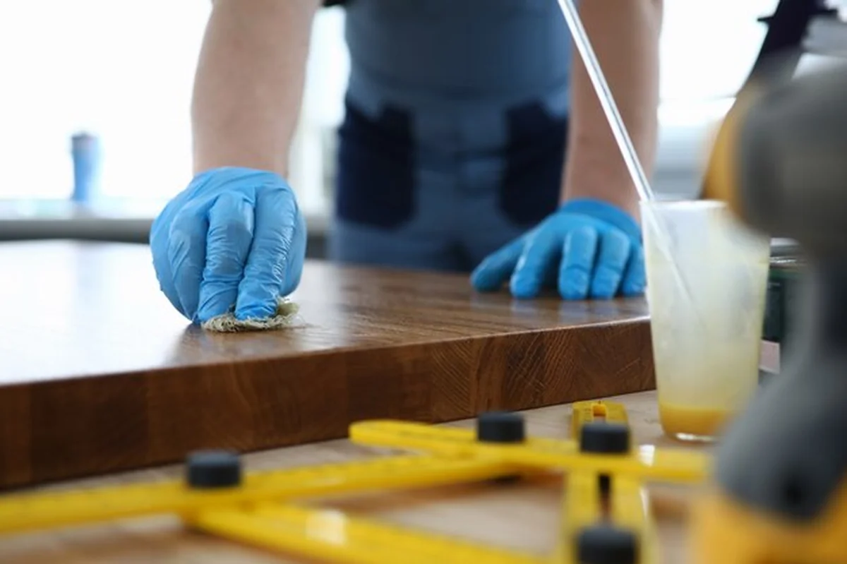 Stolarz w warsztacie poleruje drewnianą powierzchnię