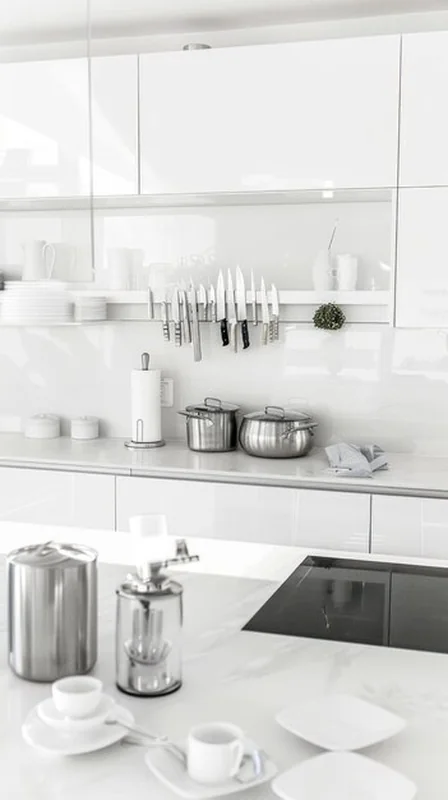 Minimalistyczna biała kuchnia z naczyniami ze stali nierdzewnej