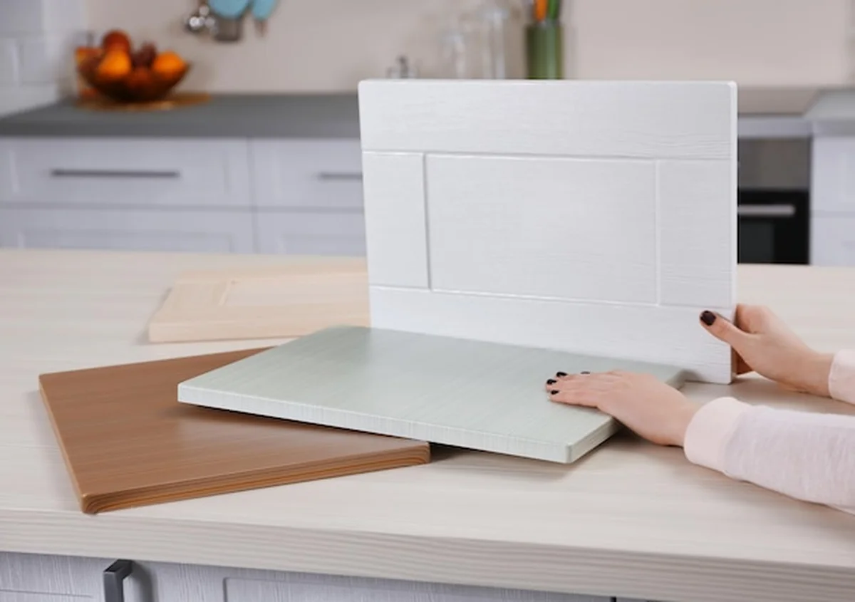 Ręce kobiet trzymające drewniane panele meblowe